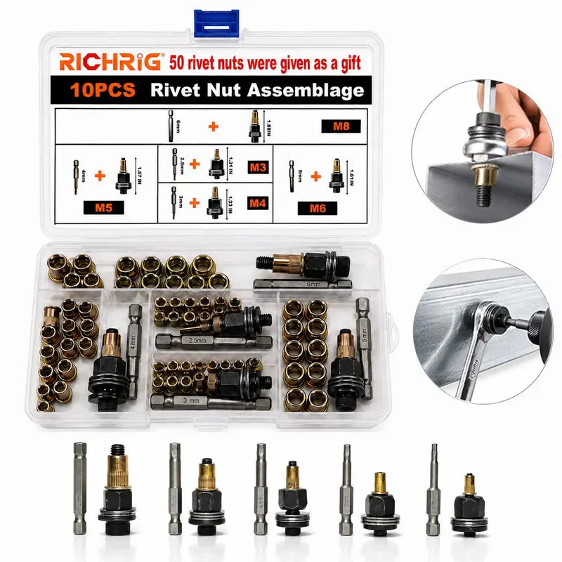 Heavy Duty Drill Adapter Rivet Nut Tool Set (M3-M8)