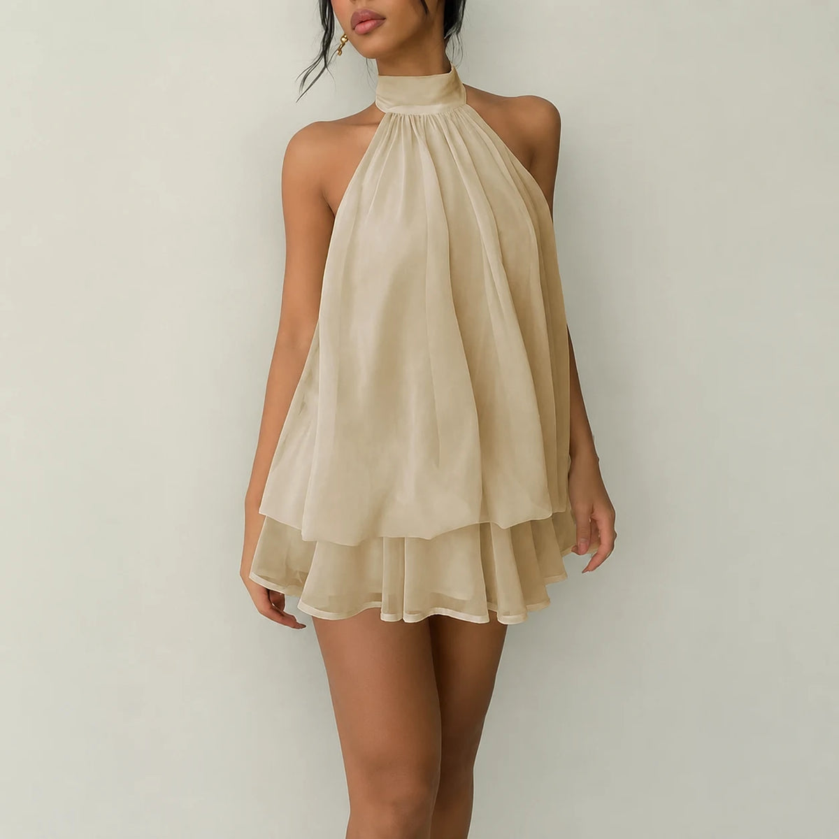 Halter Neck Layered Chiffon Mini Dress – Flattering Flowy Silhouette For Effortless Party & Vacation Glamour