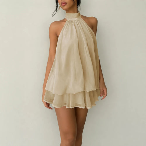Halter Neck Layered Chiffon Mini Dress – Flattering Flowy Silhouette For Effortless Party & Vacation Glamour