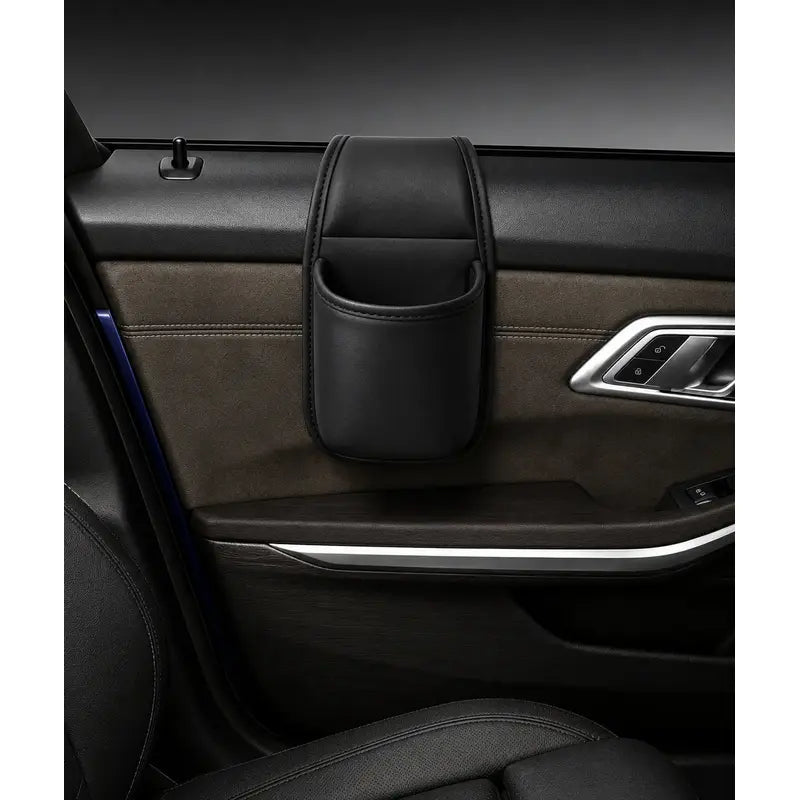 Universal Leather Car Door Storage Pocket & Cup Holder – Flush Mount, Non-Destructive Fit