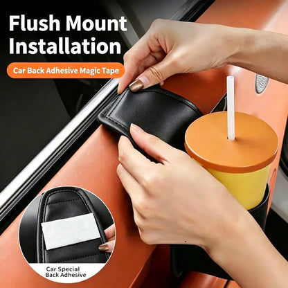 Universal Leather Car Door Storage Pocket & Cup Holder – Flush Mount, Non-Destructive Fit