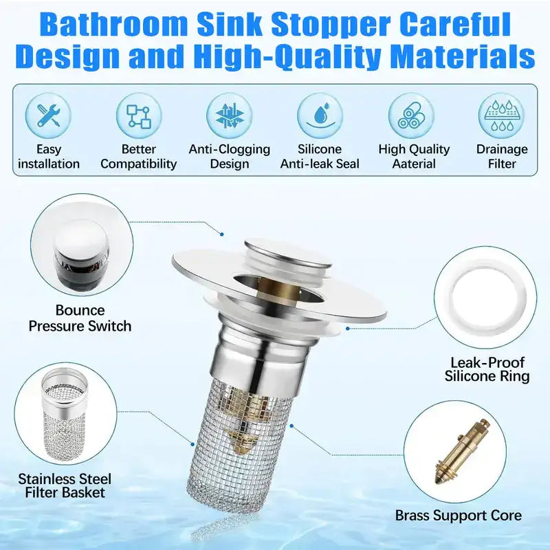 Universal Pop-Up Sink Stopper & Anti-Clogging Hair Catcher
