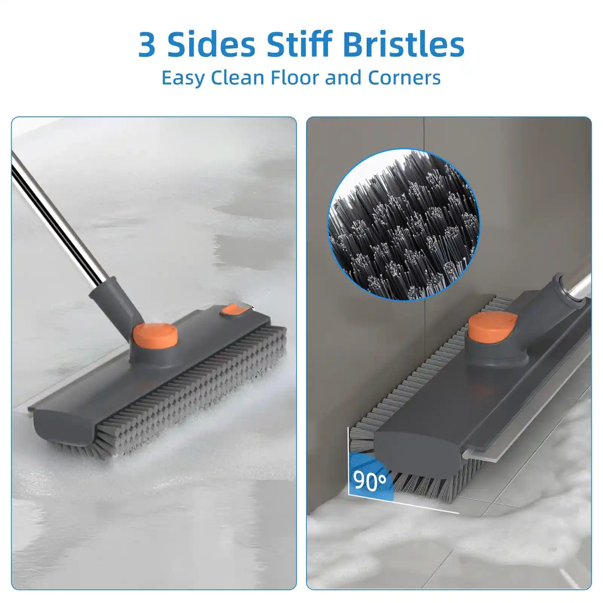 Floor Scrub Brush – 360° Rotatable 3-In-1 Head For Effortless Dead-Corner Cleaning