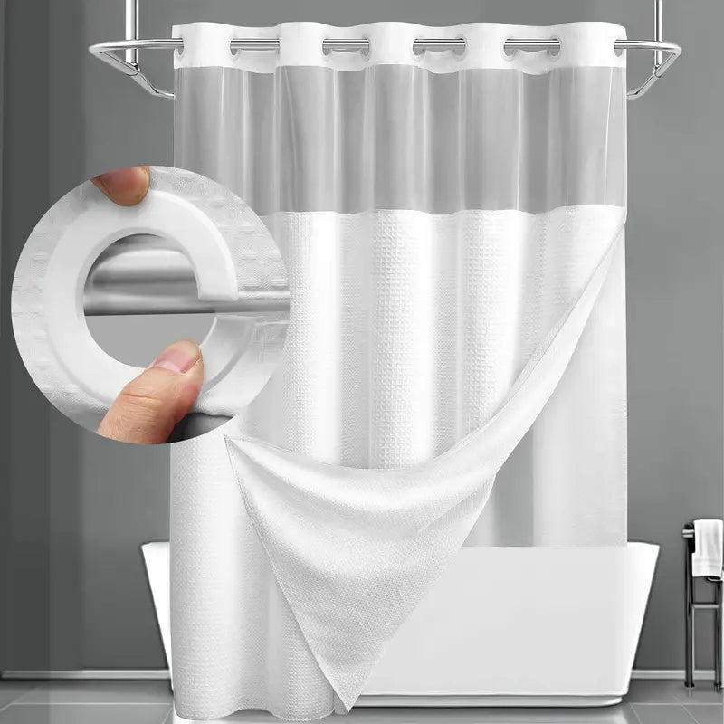 Heavyweight Waffle Weave Shower Curtain – No-Hook Snap-On Design For Effortless Setup & Easy Cleaning