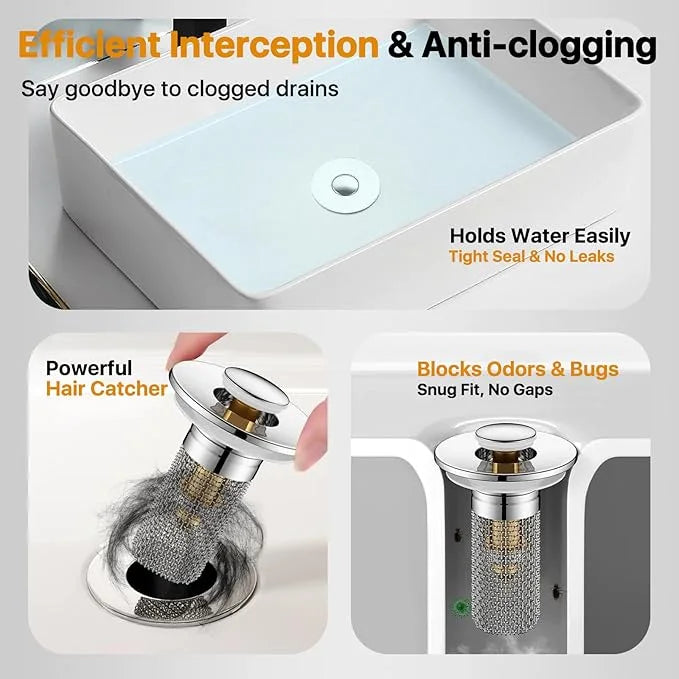 Universal Pop-Up Sink Stopper & Anti-Clogging Hair Catcher