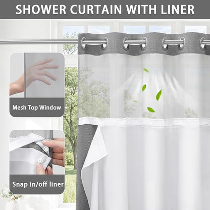 Heavyweight Waffle Weave Shower Curtain – No-Hook Snap-On Design For Effortless Setup & Easy Cleaning