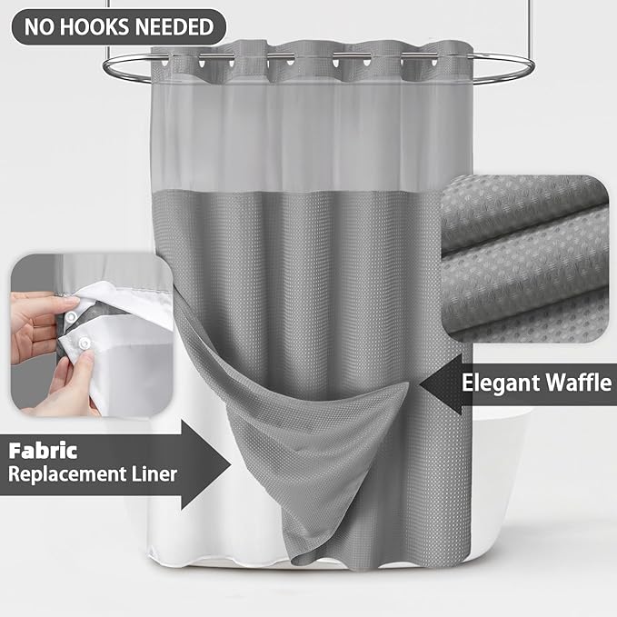 Heavyweight Waffle Weave Shower Curtain – No-Hook Snap-On Design For Effortless Setup & Easy Cleaning