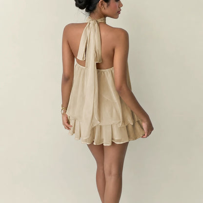 Halter Neck Layered Chiffon Mini Dress – Flattering Flowy Silhouette For Effortless Party & Vacation Glamour